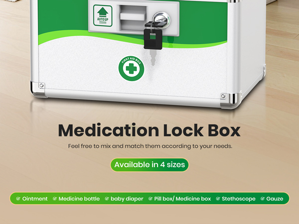 medicine lock box, medication lock box, locked medicine box, lock box with key, pill lock box