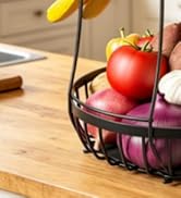 Sevenblue 2 Tier Large Fruit Basket for Kitchen Counter with 2 Banana Hangers, Metal Stackable Fr...