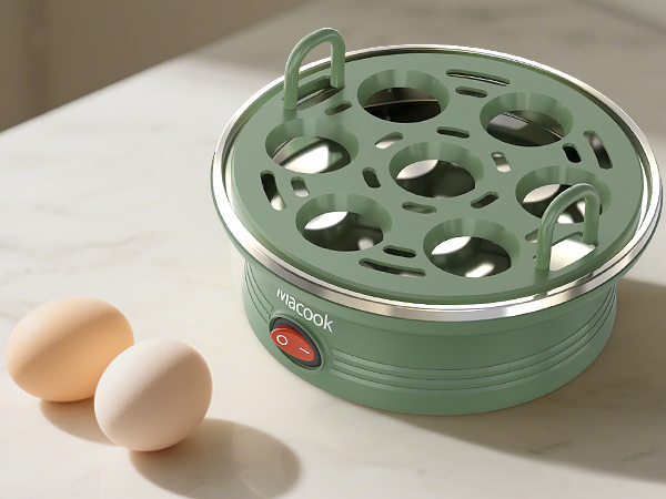 Green electric egg cooker with perforated top lid and circular base. Device has a power button and can hold multiple eggs. Two eggs visible next to the cooker.