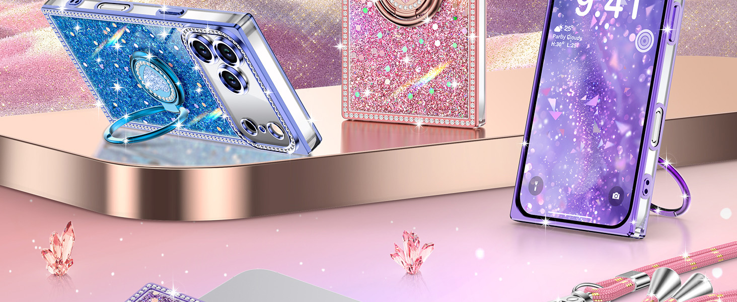 XYZ for iPhone 17 Pro max Case, Glitter Bling Phone Cover with 2-Ring Heart Stand & Lanyard