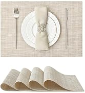 Leetaltree Luxury Beige and Gold Woven Placemats Set of 4 - Waterproof Washable Textured Table Ma...