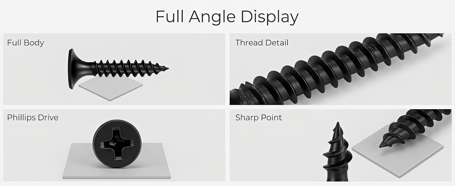 Multi-angle view of wood screw body, sharp point, thread detail and Phillips drive recess.