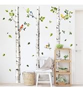 Supzone Watercolor Birch Tree Wall Decals 3 Gaint Birch Tree Birds Wall Stickers Peel and Stick W...