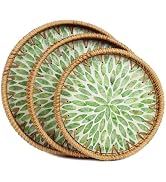 Set of 3 Rattan Tray with Mother of Pearl Inlay, Round Serving Trays for Coffee Table, Decorative...