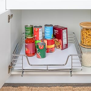 Chroming sliding under-cabinet glidez work in the kitchen