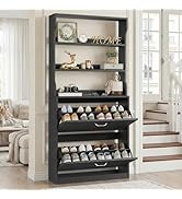 IRONCK Tall Shoe Cabinet with 2 Flip Drawers, Narrow Hidden Shoe Storage Cabinet with Shelves, Sl...