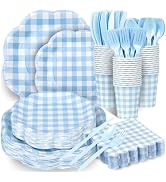 Houuqe 400 Pcs Gingham Party Supplies for 50 Guests Blue and White Scalloped Paper Plates and Nap...