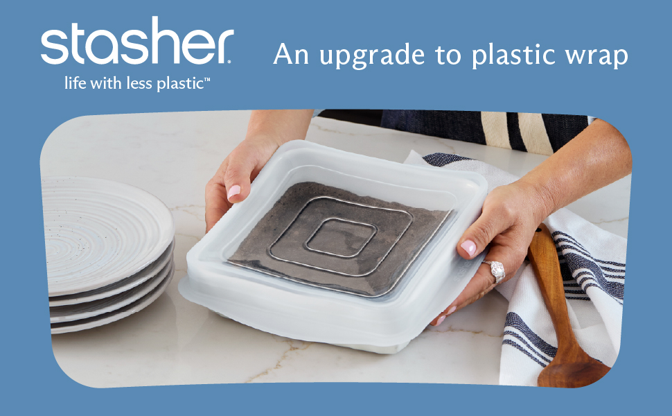 Silicone stretch lid covering an 8x8 glass baking dish