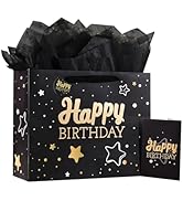 Powbrace Black Happy Birthday Gift Bag with Tissue Paper and Greeting Card for Birthday,Party,Hap...