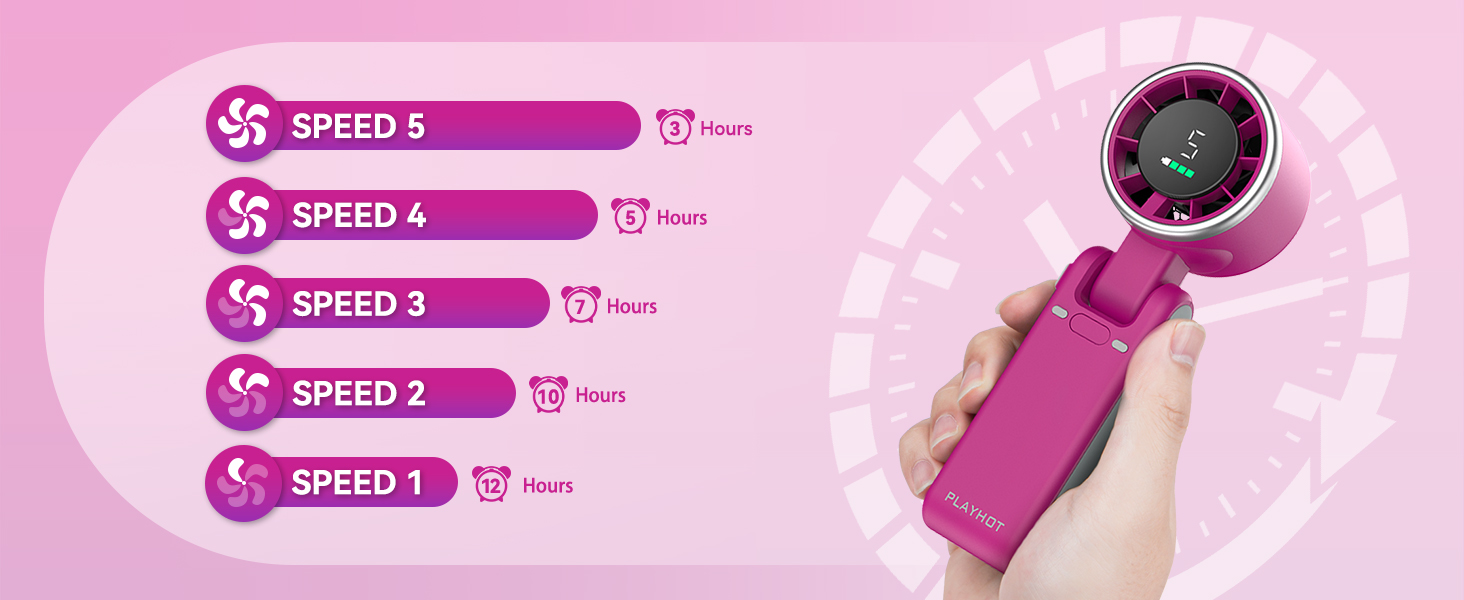 Magenta 5 speed hand held fan 12H battery life cute hand fan durable fans handheld high airflows