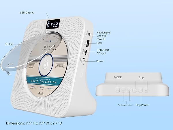 MEGATEK CP28BR Portable CD Player with Compact Desktop Design, Remote Control, On-Unit Keys
