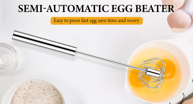 Text reads 'SEMI-AUTOMATIC EGG BEATER'. Multiple images showing a hand-operated egg whisk in use, demonstrating egg beating process on white background.