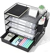 LEKETREE Desk Organizer and Accessories, 5-Tier Paper Letter Tray Organizer with Drawer & 2 Pen H...