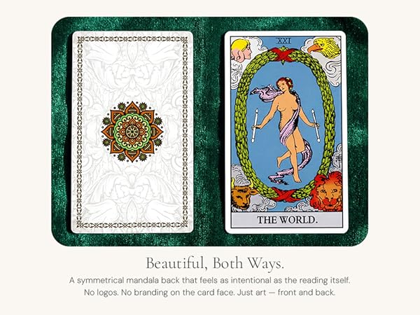 symmetrical mandala tarot card back design with front artwork on velvet surface