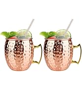 TJ Moscow Mule Mugs Set of 2, Rose Hammered Mule Cup 17 oz, Stainless Steel Lining Brass Handles ...