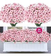 AmberFun 24 Bundles Artificial Flowers for Outdoors, Realistic Fake Silk Flowers for Outside Deco...