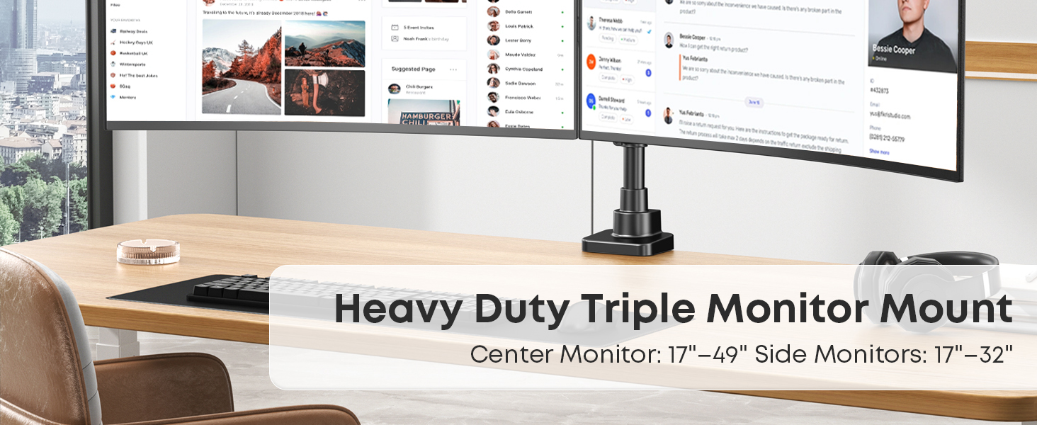 Text reads 'Heavy Duty Triple Monitor Mount, Center Monitor: 17"-49" Side Monitors: 17"-32"'. Desktop setup showing triple monitor mount with monitors on wooden desk.