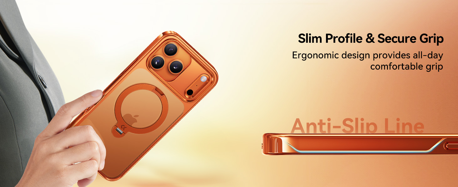 Orange for iPhone 17 Pro Case with 360 Spin Magnetic Stand Slim Polished Clear