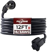 PALARINE Indoor Flat Plug Black Extension Cord 12ft, UL Listed, 16/3 SJTW 3 Prong Heavy Duty, 16 ...