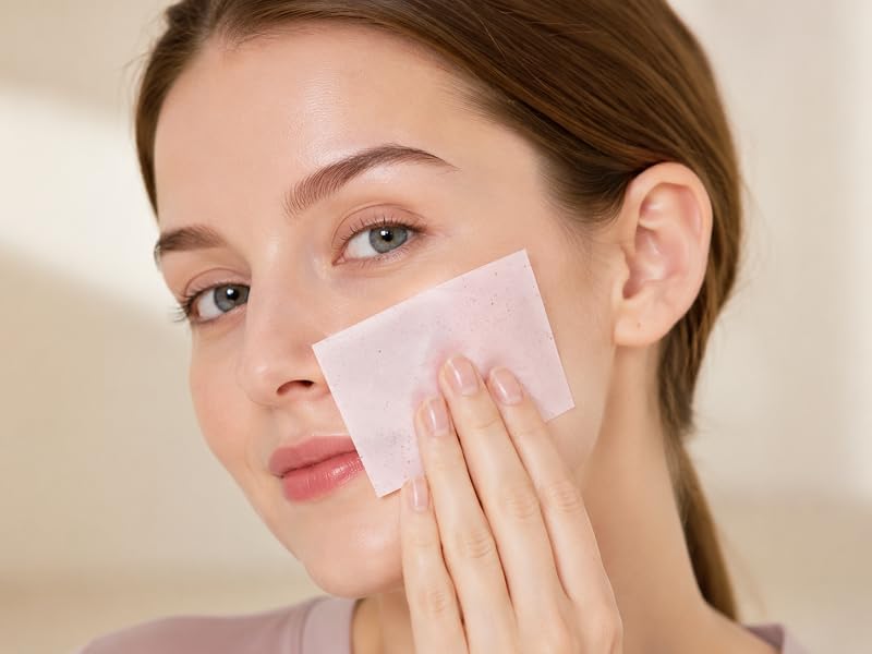 Woman pressing translucent pink blotting paper with rose particles on cheek