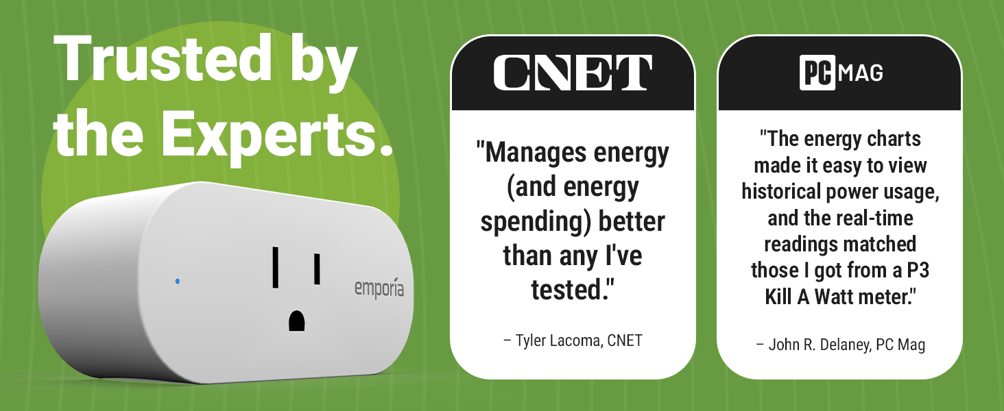Emporia smart plug with CNET and PC Mag press review quotes praising its energy tracking accuracy.