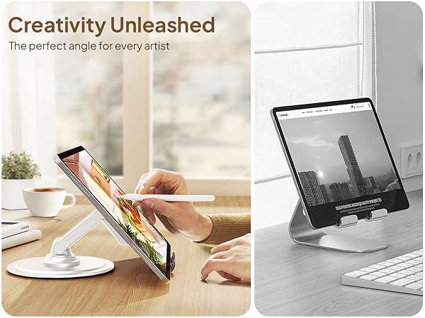 Adjustable tablet stand shown in use with a person drawing, and separately displaying a tablet in portrait orientation on a desk.