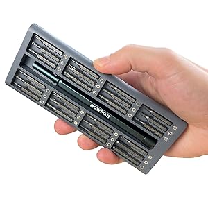HowFixit aluminum case with magnetic holders securing all 48 screwdriver bits