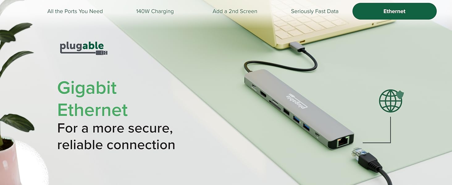 USB C Hub 9-in-1 Adapter with 10Gbps USB-C, Gigabit Ethernet port for stable wired internet.