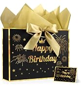 JMANNI Black Gold Happy Birthday Gift Bag with Card and Tissue Paper, 12.6"×9.84"×3.9" Elegant Pr...