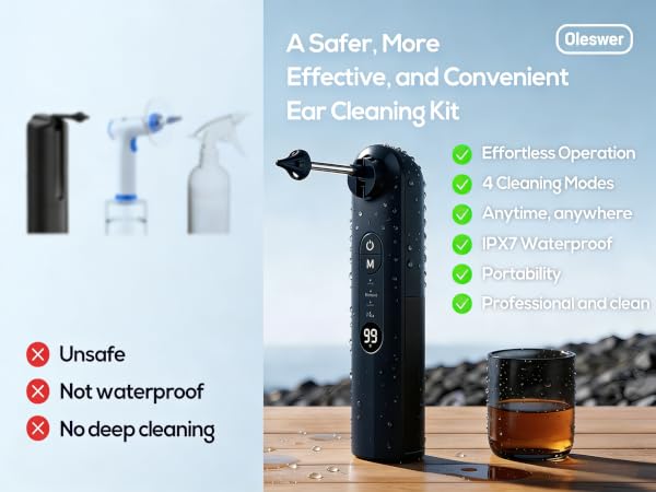 Text reads 'Ear Cleaning Kit'. Comparison chart showing ear cleaning devices with checkmarks for 'Not waterproof', 'Unsafe', 'No deep cleaning' against safer alternative. Product shown in black with camera attachment.