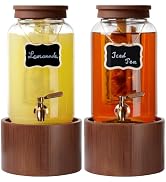 2 PCS 1 Gallon Glass Drink Dispenser for Parties, Beverage Dispenser with Wooden Stand, Silicone ...