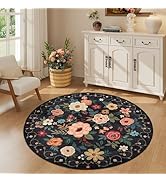 DUKINO Floral Round Rug, 4ft Washable Round Area Rug, Non Slip Indoor Low Pile Circle Rug, Soft S...
