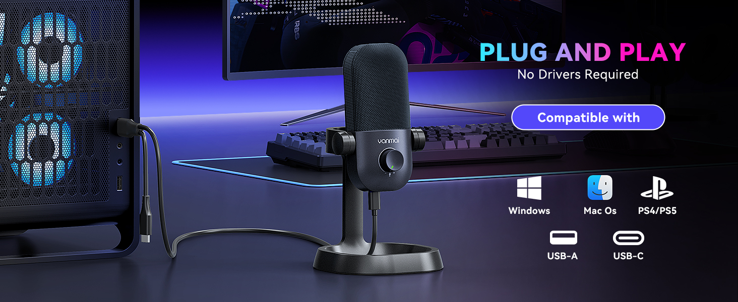 USB microphone compatible with Windows, Mac, PS4, PS5 for gaming, streaming, recording and meetings