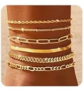 Gokeey Ankle Bracelets for Women, 14k Gold Jewelry Set Waterproof Layered Cuban Figaro Link Chain...