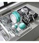 JASIWAY Black Sink Dish Drying Rack with Drainboard, Expandable Stainless Steel Dish Drainers for...