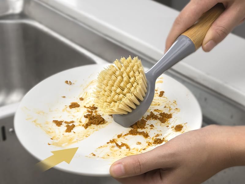 MR.SIGA Dish Brush with Bamboo Handle Built-in Scraper, Scrub Brush for Pans, Pots