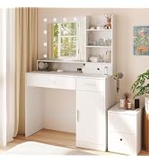 DUMOS Makeup Vanity Desk with Mirror and Adjustable 11 LED Bulbs, White | Vanity Makeup Table wit...
