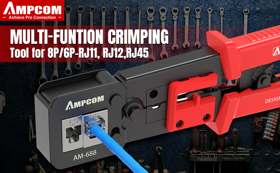 AMPCOM RJ45 Crimping Tool for 8P/6P-RJ11, RJ12,RJ45 Regular and End-Pass-Through connectors