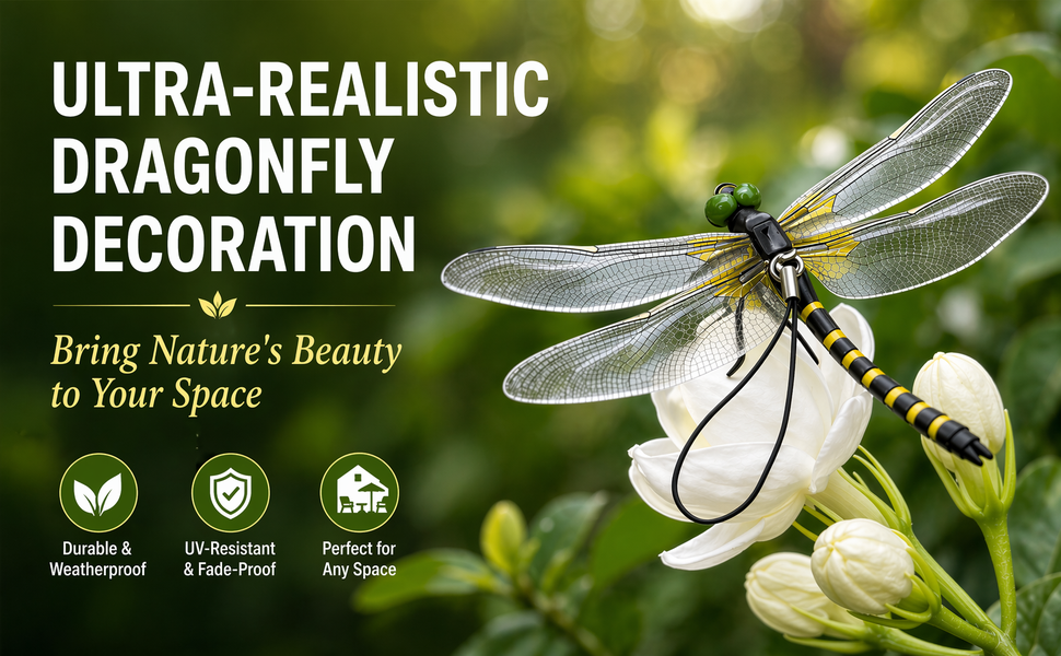 Ultra-realistic dragonfly decoration hanging outdoor with lifelike details on white background