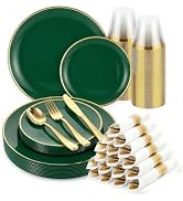 cheerserve 175pcs Plastic Dinnerware Set,Green and Gold Plastic Plates for 25 Guests Include 50 E...