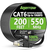 Aqerrow Outdoor Cat6 Ethernet Cable 200 FT, 24AWG 10Gbps Copper Long Cat6 Cable, 550MHz Direct Bu...