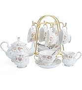 Tea Set 22-Piece Porcelain Ceramic Coffee Tea Gift Sets Cups Saucer Service for 6 Teapot Sugar Bo...