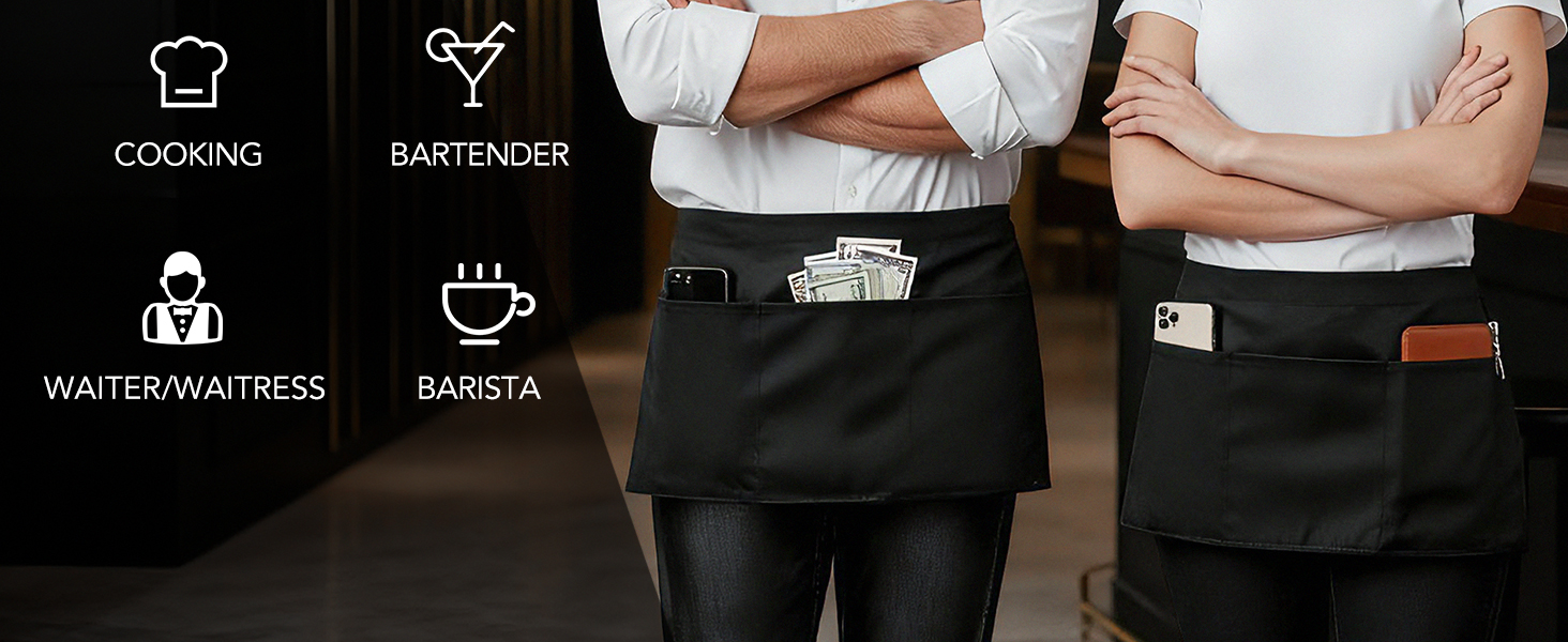 Waitress Apron With 3 Pockets-Black Server Aprons-Waiter Short Half Waist Servers Apron