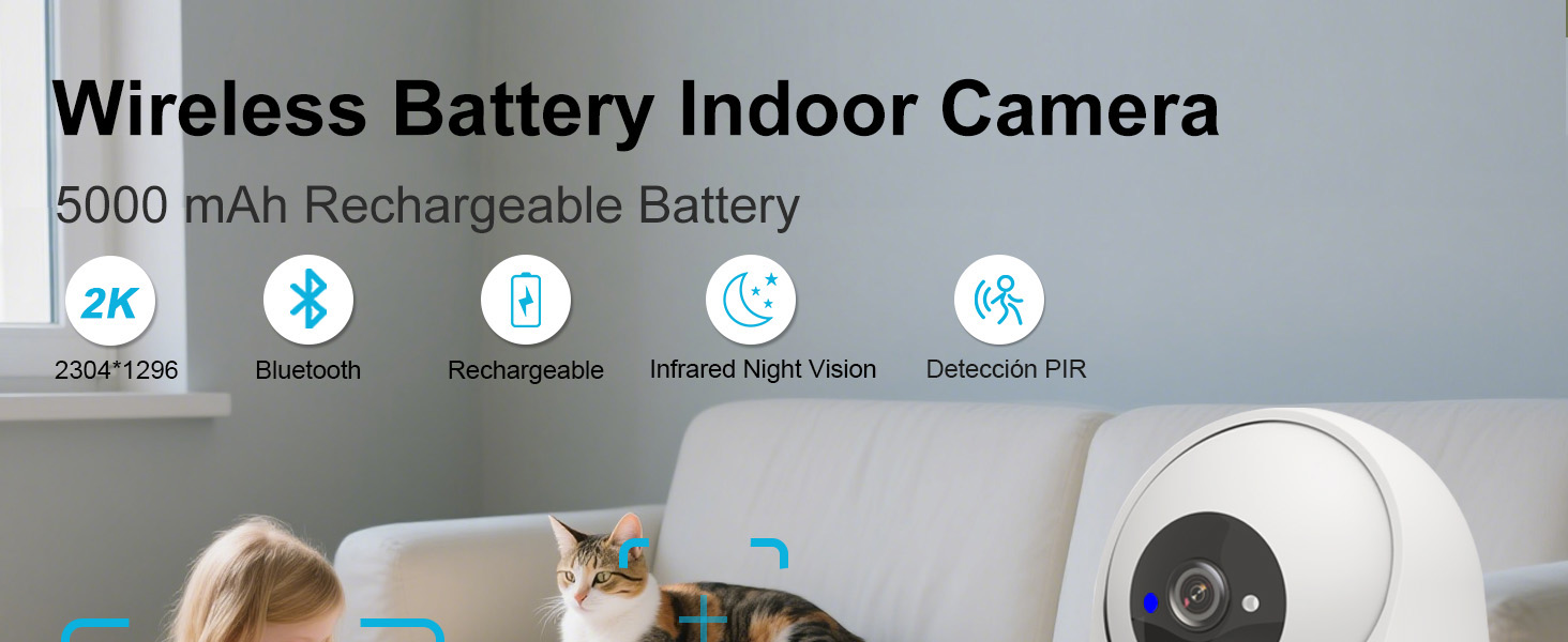Text reads 'Wireless Battery Indoor Camera' followed by '5000 mAh rechargeable battery'. Product images showing a white security camera device.