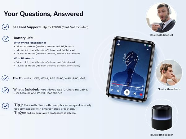 mp3 player with bluetooth touchscreen portable music player