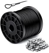 328FT 304 Stainless Steel Wire Rope Cable, Black Vinyl Coated, 150Pcs 1/16''Aluminum Crimp Loop S...