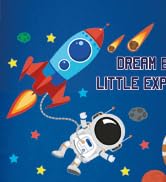 Cartoon illustration with space theme featuring rockets, astronaut, and stars on blue background.