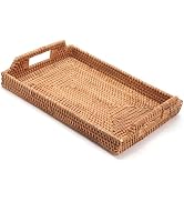 Rattan Serving Tray, Hand Woven Tray with Handles, Rectangular Wicker Basket Tray for Coffee Tabl...