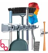 Combo 5 Slot Broom Holder w/ 1 Self Adhesive Mop Gripper No-Drilling, Wall Mount Tool Organizers ...