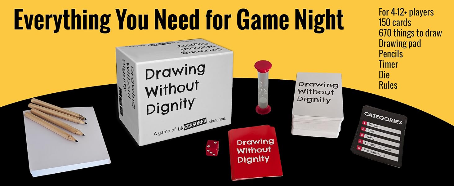 Game showing cards, pencils, drawing pad, timer, and red dice